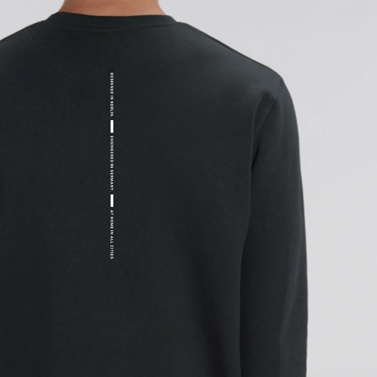 Black branded organic sweaters for Unu Motors