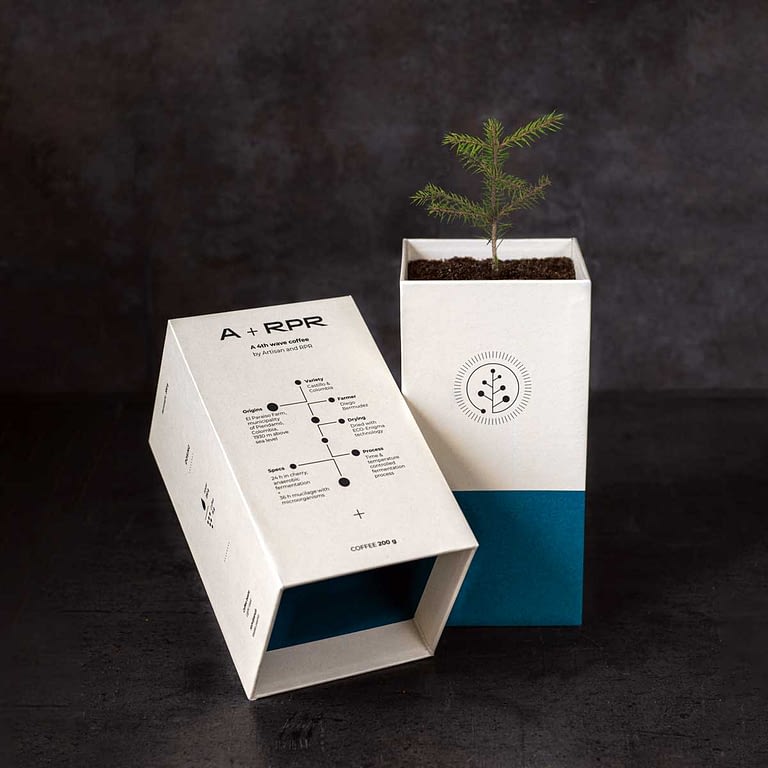 Custom made compostable coffee packaging that will turn into a pine tree by Framme
